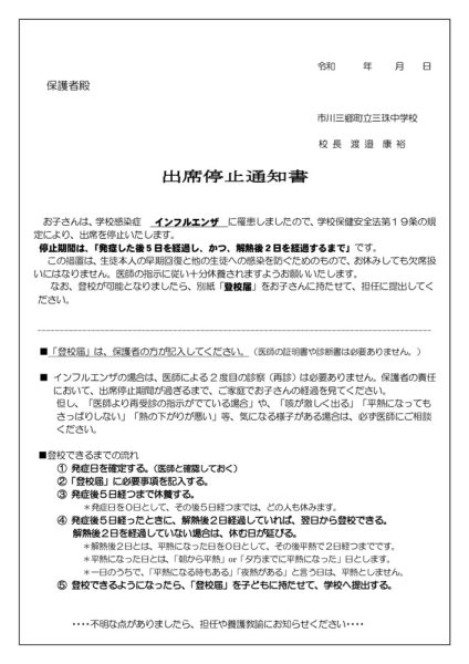 インフルエンザ出席停止文書・登校届(三珠板）のサムネイル